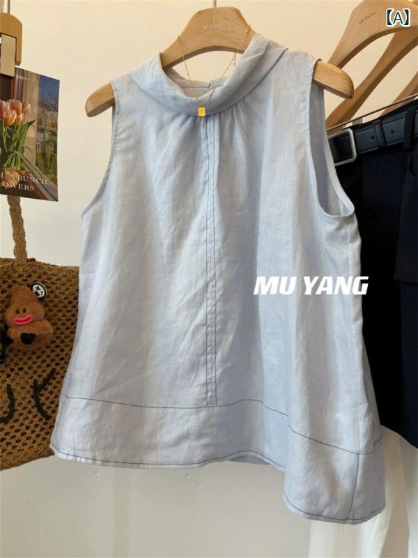 ・カテゴリ: shirts・主な素材: 苧麻・柄: 無地・スタイル: プルオーバー・袖丈: ノースリーブ・クラフト: パッチワーク、ステッチ・シルエット: ルーズフィット・着丈: 標準（50cm超65cm以下）・ネックライン: スタンドカラー・袖型: ノースリーブ・トレンド要素: ステッチ・カラー展開: ライトブルー、ホワイト、ネイビー・サイズ展開: S、M、L、XL・スタイルタイプ: 通勤、上品・主素材含有量: 50%以上70%未満・テイスト: 通勤風・主素材2含有量: 30%以上50%未満
