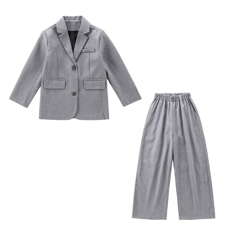 スーツ セットアップ キッズ 女の子 子供 ジャケット アウター 2点セット 上下セット パンツスーツ フォーマル ウェア カジュアル ラメ 光沢感 長袖 トップス ボトムス 長ズボン ロングパンツ 春秋 発表会