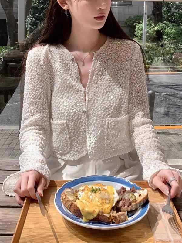 カーディガン レディース トップス 短め ショート丈 サマージャケット 白 透明 スパンコール 薄手 通気性 シアー 羽織り アウター 長袖 上着 普段使い デート カジュアル きれいめ vision-stores-10491179 ビジョンストア パッケージ画像