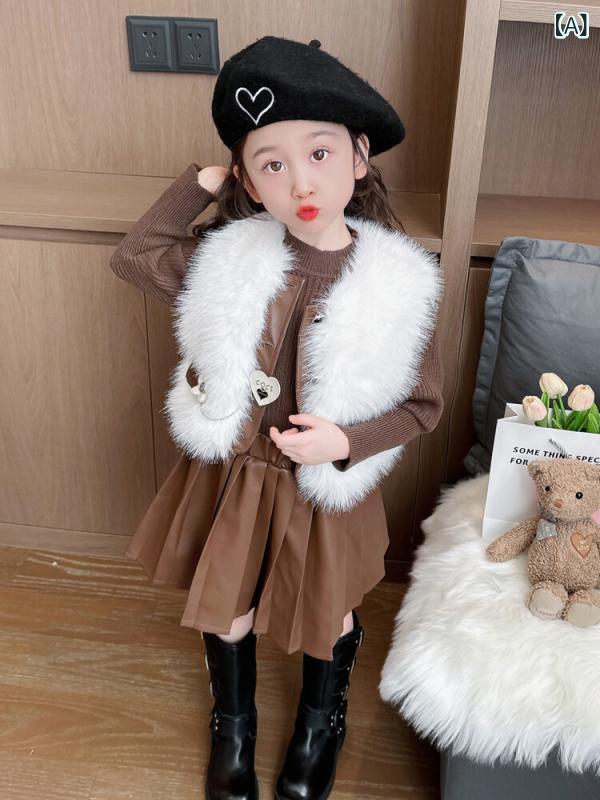 キッズ 服 セットアップ 女の子 ジュニア 長袖 ニット セーター ベスト スカート 3点セット プリーツスカート ハート柄 フェイクファー インフルエンサー かわいい お出かけ 通園 通学 旅行 秋 冬