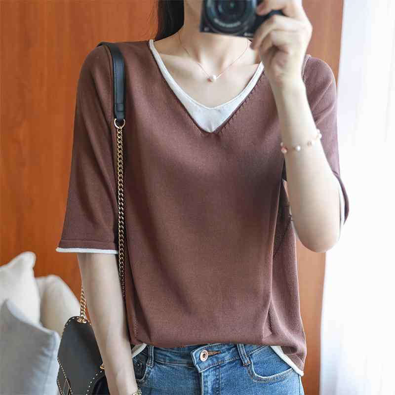 Tシャツ カットソー レディース 半袖 接触冷感 ゆったり Vネック 切り替え トップス チュニック プルオーバー ニット サマーニット 薄手 涼しい きれいめ カジュアル レイヤード 重ね着風 春 夏 オフィス お出かけ