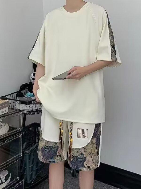 ・スタイル: 韓国風・厚さ: 薄手・パンツ丈: 五分丈・トップスの形状: Tシャツ・袖丈: 五分袖・フード: なし・素材: 綿混紡（綿30%）・着用シーン: カジュアル・カラー展開: ブラック、ホワイト、グリーン・サイズ展開: S（推奨体重30-40kg）、M（推奨体重40-50kg）、L（推奨体重50-60kg）、XL（推奨体重60-70kg）、2XL（推奨体重70-80kg）、3XL（推奨体重80-90kg）・カテゴリ: メンズカジュアルセットアップ