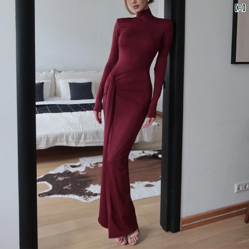 ワンピース ロング レディース セクシー タイト スリット ハイネック リブ ニット 長袖 無地 着痩せ スリム フィット 旅行 デート お出かけ 大人 20代 30代 秋 冬 vision-stores-10517944 ビジョンストア サンプル画像2