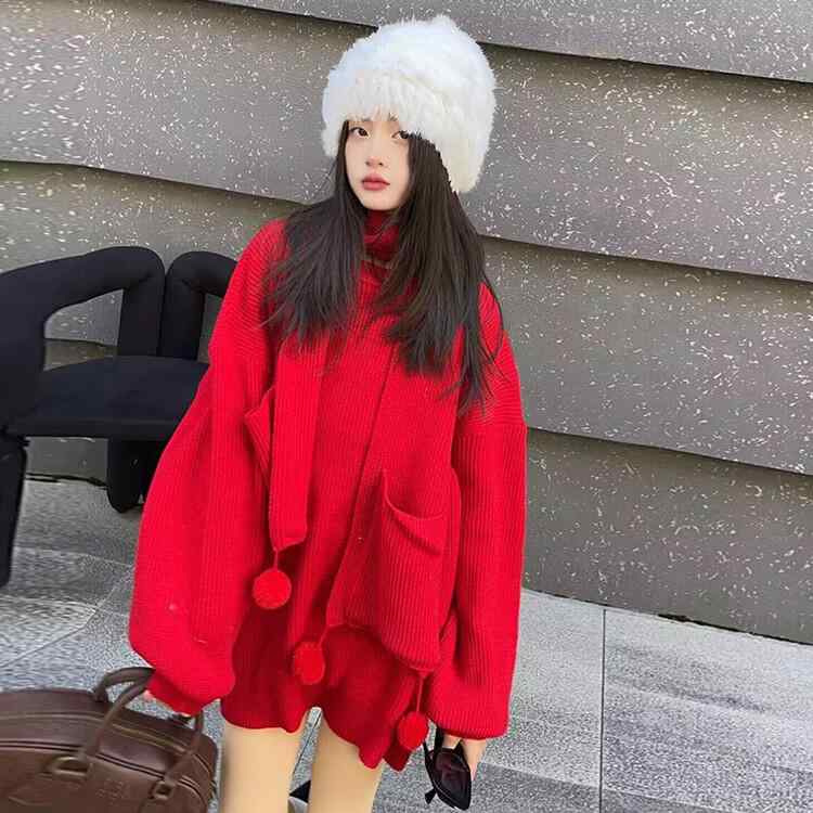 子供 ワンピース 女の子 ニットワンピース ニット チュニック マフラー 厚手 秋 冬 長袖 ゆったり 体型カバー カジュアル ラウンドネック セーター 針編み 小学生 通学 通園 旅行 レッド ベージュ お出かけ
