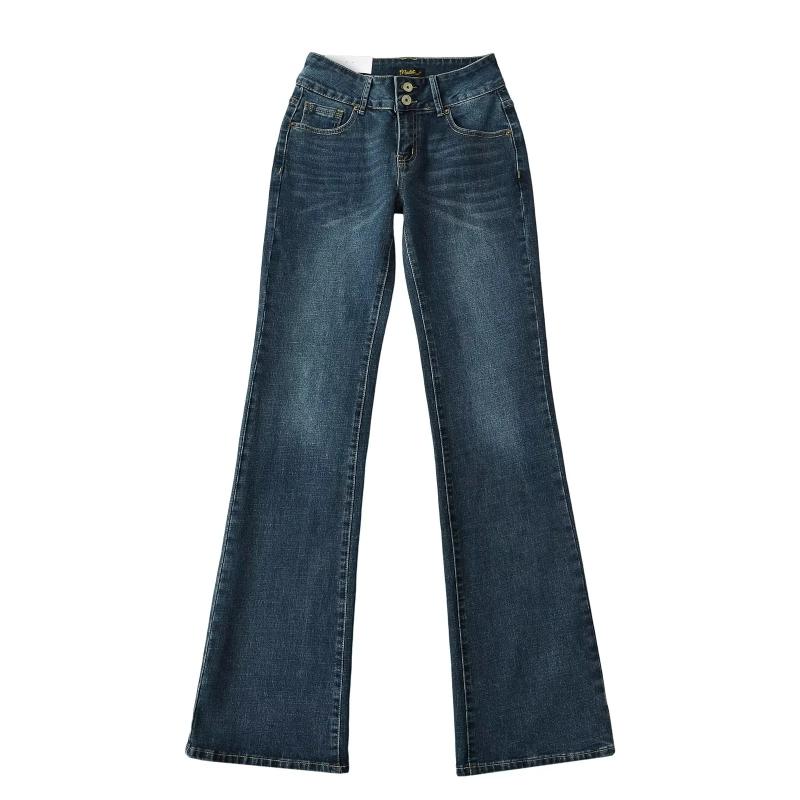・カテゴリ: ジーンズ・素材: ポリエステル、ポリウレタン（ポリエステル 80%以上90%未満、ポリウレタン 30%以下）・スタイル: デニムパンツ・パンツ丈: フルレングス・ウエスト: ローウエスト・厚み: 普通・デザイン: リブ・カラー展開: ダークブルー・サイズ展開: XS、S、M、L、XL・テイスト: レトロ、セクシー・伸縮性: 若干あり・シルエット: ストレート・加工: 樹脂色止め