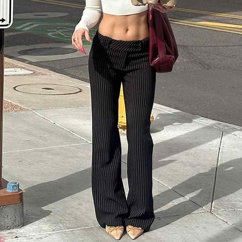 フレアパンツ レディース ボトムス カジュアル ボーダー ローライズ スリット ロングパンツ 長ズボン 春 夏 秋 個性的 ストリート Y2K 美脚 着痩せ 細見え グレー ブラック ベージュ 20代