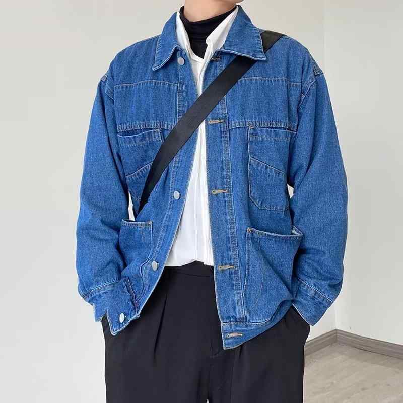 デニムジャケット メンズ 紳士 アウター ジージャン ブルゾン ヴィンテージ風 ルーズ ゆったり 長袖 厚手 防寒 暖かい カジュアル ストリート 通学 お出かけ おしゃれ 春 秋 冬 インディゴブルー