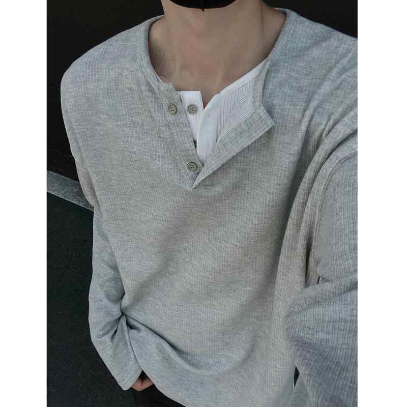 Tシャツ メンズ ヘンリーネック 長袖 重ね着風 レイヤード風 トップス スウェット トレーナー ゆったり ルーズ カジュアル 秋物 通学 デート 無地 カットソー プルオーバー グレー