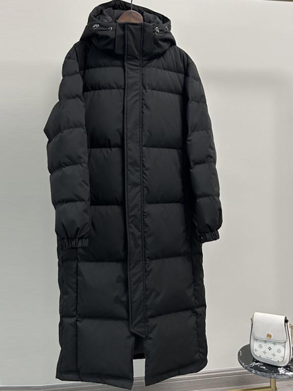 ・カテゴリ: 羽绒服・中綿: 白ダックダウン・ダウン含有量: 86%〜90%・厚さ: 極厚・素材: ポリエステル100%・シルエット: ストレート・ネックライン: フード付き・着丈: 超ロング（100cm超）・袖丈: 長袖・デザイン特徴: ポケット・カラー展開: ブラック・サイズ展開: XS（42.5-50kg推奨）、S（50-55kg推奨）、M（55-65kg推奨）、L（65-75kg推奨）、XL（75-85kg推奨）、XXL（85-95kg推奨）、XXXL（95-105kg推奨）・スタイル: 通勤、カジュアル・対象: レディース・袖型: レギュラースリーブ・羽毛充填量: 301-350g