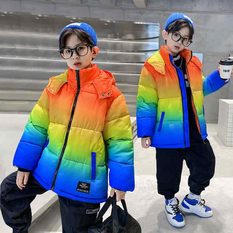 キッズ 中綿ジャケット 男の子 女の子 防寒アウター 厚手 中綿コート フード付き グラデーション 通学 お出かけ 秋冬 ジュニア 子供服 ジャンパー 上着