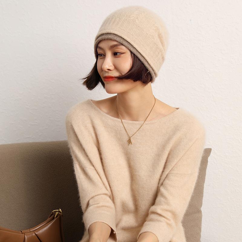 ニット帽 レディース 帽子 カシミヤ 防寒 暖かい 厚手 配色 切り替え 耳あて ハッ...