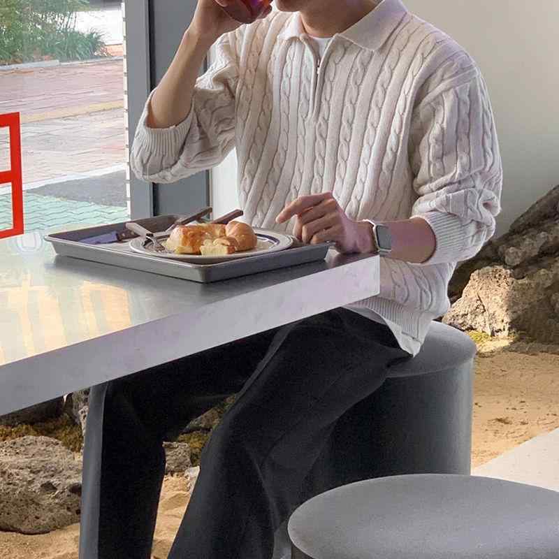 ニット セーター メンズ 男性 トップス ハーフジップ 襟付き プルオーバー 長袖 ゆったり カジュアル トレンド 秋 冬 20代 通勤 通学 お出かけ 普段使い 防寒 暖かい 無地 シンプル グレー