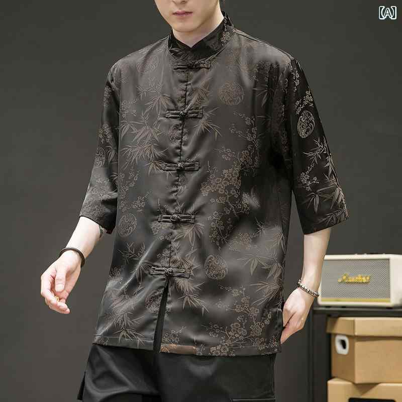 メンズ 襯衫 半袖 トップス カジュアルシャツ 接触冷感 チャイナ服 スタンドカラー シャツ 甚平 父の日 ギフト シニア 50代 紳士服 涼しい 無地 ゆったり 着痩せ 普段使い お出かけ 祖父 夏 vision-stores-10559574 ビジョンストア パッケージ画像