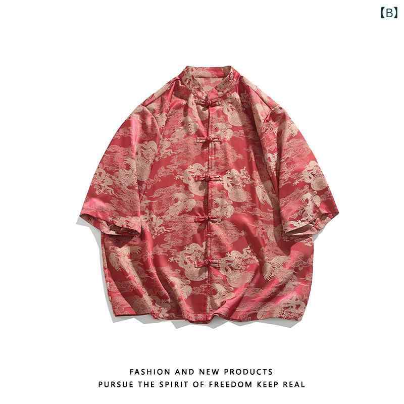 シャツ メンズ 夏 接触冷感 チャイナ服 カジュアル 半袖 立ち襟 涼しい 薄手 エスニック プリント 唐装 和風 ゆったり トップス ルームウェア 普段使い 日よけ シニア 父の日 敬老の日 40代 50代 vision-stores-10559207 ビジョンストア サンプル画像2