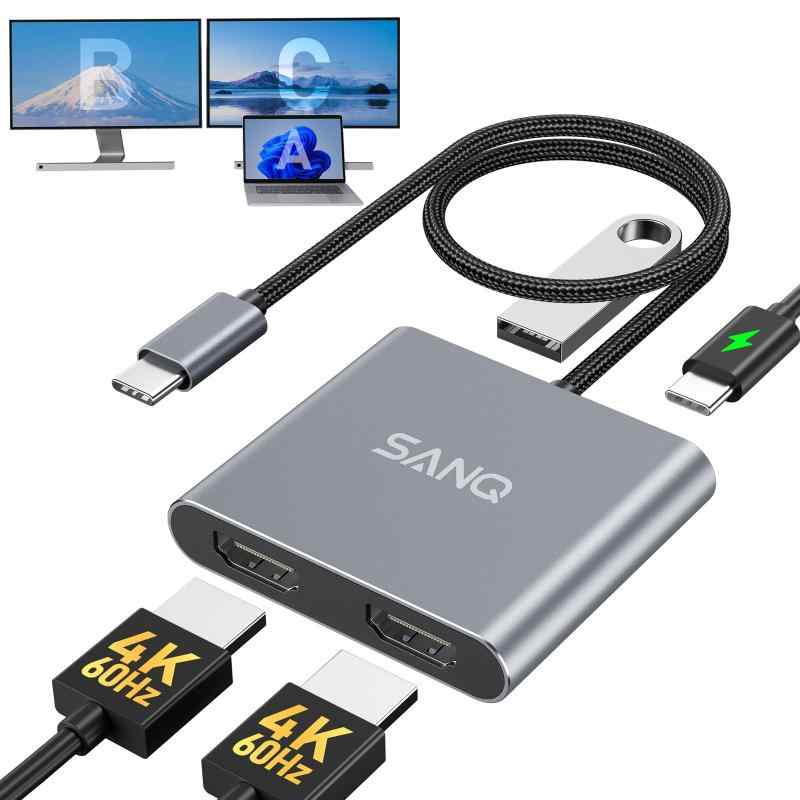 USB C ハブ【 Dual HDMI拡張ハブ4-IN-1】サイズ：5.2*5.8*1.5CM；重量:42g；ケーブル長さ：18cm。デュアルHDMIビデオ同時出力、USB2.0Aポートデータ転送、PD100W急速充電を一体化した 4イン1デザインで、複数画面拡張、データ転送、PCに給電の複数ニーズに対応。