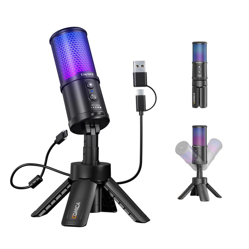 【AIクリアボイス】 COMICA USB コンデンサーマイク PC マイク ポータブル プラグ＆プレイ AIノイズキャンセル RGBライト付き48kHz/24bit Type-C対応 折りたたみスタンド パソコンマイク ゲーム実況