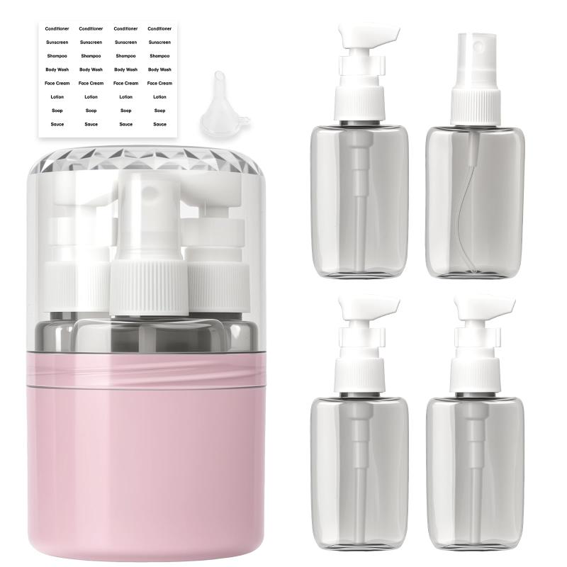 [RRJIA-Fa] 4in1 トラベル小分けボトルセット (プレスボトル 3 本＋スプレーボトル 1 本) 乳液・化粧品・シャンプー・ボディソープ対応 出張・旅行に最適な収納アイテム (ピンク)液漏れ防止設計衛生的に収納スマートなサイズ感で持ち運びやすい半透明ボトルで、中身を紫外線から守る多シーン対応 旅行・出張・キャンプに最適英語シールで英語力を向上させる