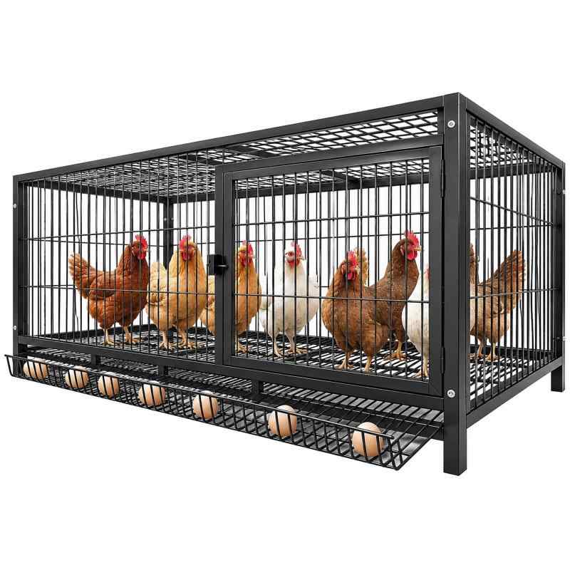鶏小屋 鶏ケージ 集卵トレイ付き 120×58×62cm 亜鉛メッキ管 鉄線間隔約5cm 角パイプ幅約1.5cm ブラック 卵の踏みつけ・つつきに配慮 組立式 日本語説明書付き【外側から集卵しやすいトレイ構造】集卵トレイ付きの鶏小屋で、産み落とされた卵をケージ外側から取り出しやすい設計です。鶏が卵を踏んだり、つついたりする状況に配慮し、ケージ内へ手を入れる回数も抑えやすい仕様。トレイの状態を外側から確認しやすく、毎日の採卵や回収作業をスムーズに進められます。【120×58×62cm・設置しやすい鶏用ケージ】本体サイズは約120×58×62cmで、鶏の飼育スペースとして使いやすい鶏小屋です。鉄線間隔は約5cm、角パイプ幅は約1.5cm。サイズや線間隔を事前に確認しやすく、設置予定場所の広さ、搬入スペース、飼育する鶏の体格に合わせて検討できます。【亜鉛メッキ管フレーム・ブラック仕様】本体フレームには亜鉛メッキ管を採用し、外観はブラックでまとめています。庭先、飼育スペース、作業小屋まわりにも置きやすいシンプルな鶏小屋です。水分や汚れが付着した場合は乾いた布などで拭き取り、接続部、鉄線、脚部の状態を定期的に確認しながらご使用ください。【組み立て部品・工具・日本語説明書付き】ネジ、ナット、プラスチック製脚パッド、レンチを同梱しています。付属の日本語説明書を確認しながら組み立てられるため、設置前に必要な部品をまとめて確認しやすいセット内容です。組み立て後は接続部の緩みや脚部の安定状態を確認してから使用してください。【飼育環境に合わせて使える鶏小屋】平らで安定した場所に設置し、飼育する鶏の大きさ、羽数、生活スペースに合わせてご使用ください。鉄線間隔は約5cmのため、使用前に体格や飼育環境との相性を確認することをおすすめします。汚れや湿気がたまらないよう、定期的なお手入れを行うことで日常管理もしやすくなります。