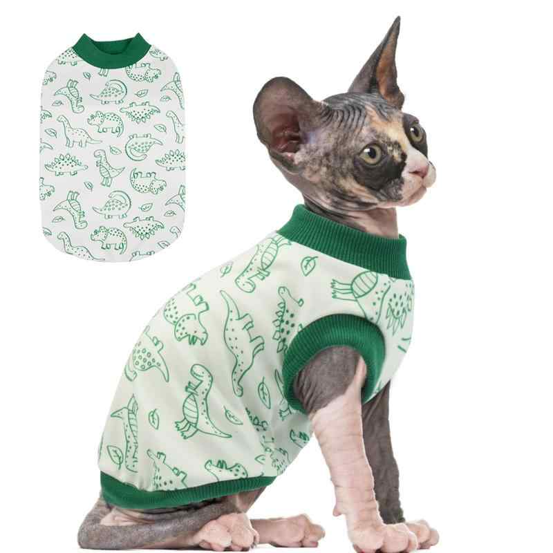 Lelepet 猫の服 春夏 猫服 袖なし 可愛い 恐竜の模様 ペット服 春夏服 猫 皮膚保護 通気性 猫 服 脱毛保護 猫シャツ 通年着柔らかな素材：この猫用Tシャツは高品質な素材（ポリエステル95%＋スパンデックス5%）で作られており、冬は軽くて暖かく、夏は通気性が良く快適です。体温調節技術が愛猫を快適な状態に保ち、過熱や蒸れを防ぎます。バターのように柔らかな肌触りが敏感な肌を優しく包み込み、耐久性に優れた構造で何度洗っても毛玉ができにくい仕様ですカートゥーン恐竜プリント：この愛らしいノースリーブ猫服は、キュートな恐竜プリントデザインで、愛猫に遊び心のある個性をプラス。柔らかなピンクと爽やかなミントグリーンの2色展開で、ペットフォト撮影、テーマパーティー、日常着にも完璧にマッチ。鮮やかで洗濯に強いプリントは色褪せず、洗濯後も鮮やかな色彩を保ち、長く可愛らしさを放ち続けます着脱が簡単: ノースリーブカットで猫が自由に動けるうえ、伸縮性のある生地で着替えも簡単。サイズはXSからXXLまであり、子猫から大型猫まで快適に着用できます。ぴったりフィットしながらも締め付け感のないデザインは、ズレを防ぎ、不快感を与えません低刺激性の肌に優しい生地：プレミアムドラロンウールは低刺激性で刺激が少ないため、敏感肌やアレルギーを持つ猫に最適です。静電気や抜け毛を最小限に抑え、清潔な住まいを実現します。安価なポリエステルとは異なり、吸湿発散性に優れ、臭いがつきにくいため、洗濯後も爽やかさが持続します耐久性：猫用衣類は補強ステッチと高級素材で作られており、遊びや引っかきにも耐えます。洗濯機対応設計でお手入れが簡単。色落ちしにくく毛玉ができにくい素材が長く新品のような質感を保ち、愛猫のワードローブに長く寄り添います