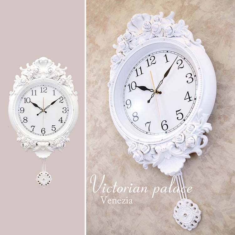 【ATC】壁掛け時計 ビクトリアンパレス ペンデュラム ウォールクロック ヴェネツィア ホワイト 白 振り子時計風【無音連続秒針付】 [3]