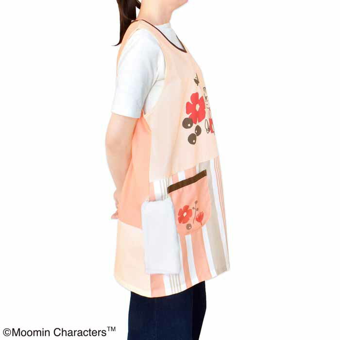 ムーミン エプロン コーラルピンク/ベージュ ST-IM0078 大きいポケット付き かぶりタイプ 脇ボタン式 キャラクター エプロン【メール便】