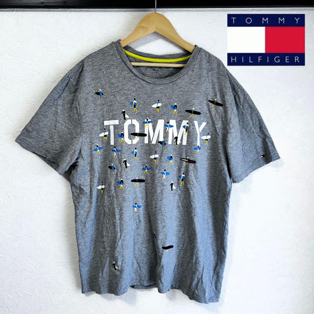 【即日配送】トミーヒルフィガー 半袖Tシャツ メンズ L グレー サーフィン柄 刺繍ロゴ 美品【送料無料】