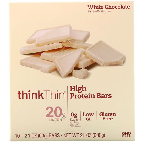 高プロテインバー ホワイトチョコレート10本 各60g　thinkThin（シンクシン）1本で高プロテイン20G ダイエット中や忙しい毎日の食事サポートに！高タンパク・砂糖ゼロ・グルテンフリー・被遺伝子組み換え・低GI厳選素材でおいしさにもこだわった贅沢バー