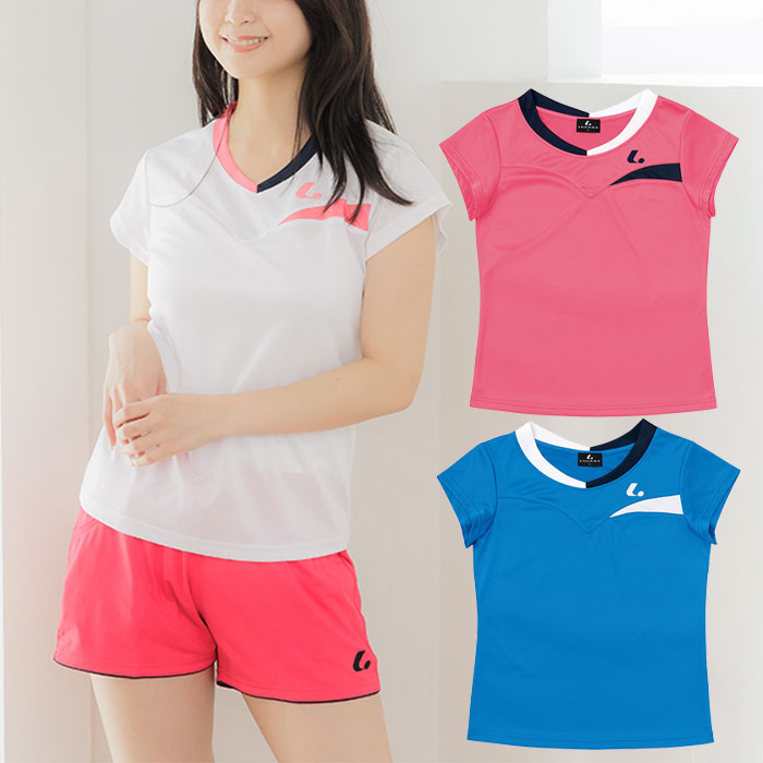 ルーセント レディース ゲームシャツ 襟なし テニス バドミントンウェア トップス 半袖 ユニフォーム 吸汗速乾 スポーツ ホワイト 白 ブルー 青 ピンク 送料無料 LUCENT XLH2320 XLH2321 XLH2327