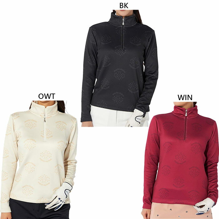 マリクレール レディース モックネック ハーフジップ 裏シャギー ゴルフウェア トップス 長袖 ホワイト 白 ブラック 黒 送料無料 marie claire 734536