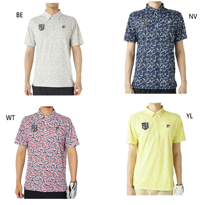 FILA Golf - フィラ ゴルフ メンズ タイポグラフィ半袖シャツ ゴルフウェア トップス ポロシャツ 吸汗速乾 UVカット 接触冷感 遮熱 ホワイト 白 ネイビー イエロー ベージュ 黄色 送料無料 FILA GOLF 745605