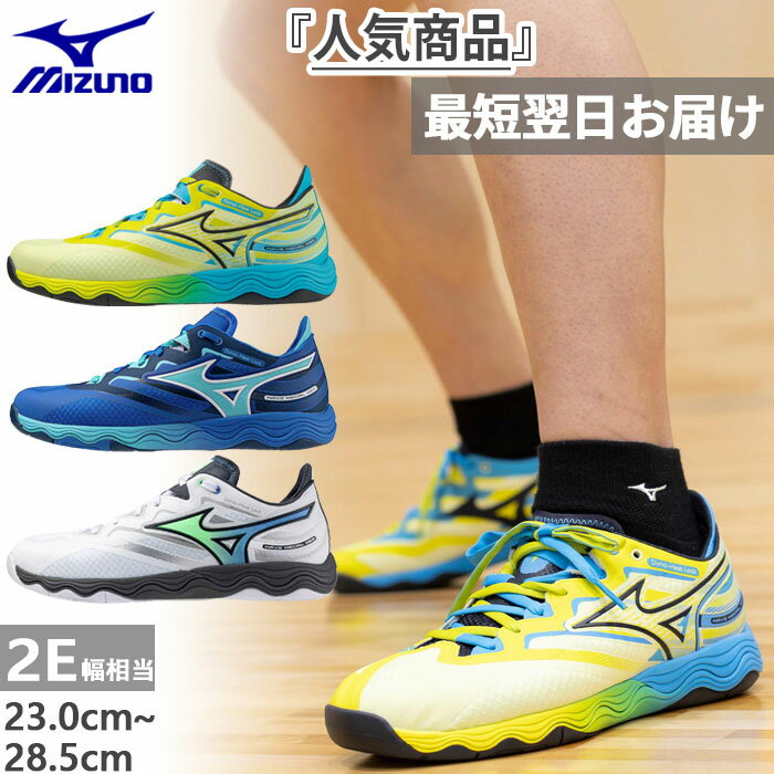 2E幅 ミズノ メンズ レディース ウエーブメダル NEO 卓球シューズ ローカット シューレース 紐靴 トレーニング ホワイト 白 ブルー 青 イエロー 黄色...