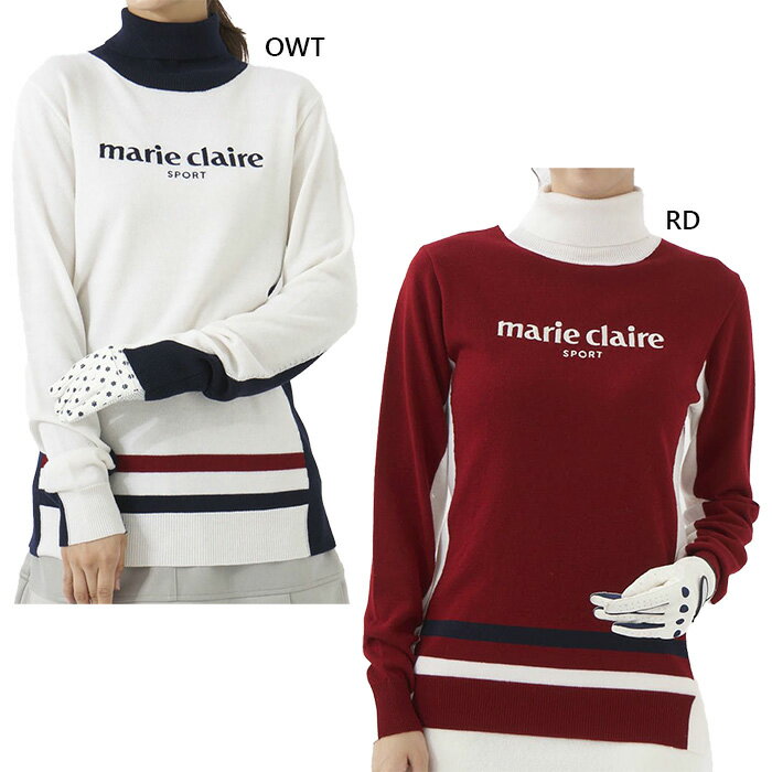 マリクレール レディース タートルネックセーター ゴルフウェア トップス 長袖 ホワイト 白 送料無料 marie claire 732701