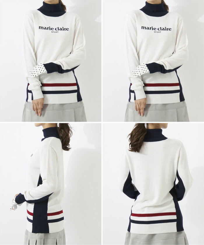 マリクレール レディース タートルネックセーター ゴルフウェア トップス 長袖 ホワイト 白 送料無料 marie claire 732701