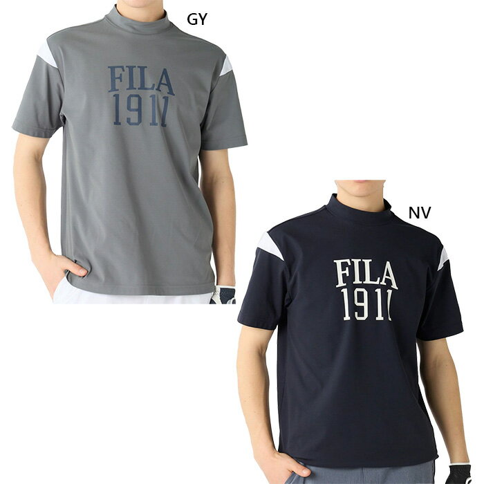 FILA Golf - フィラ ゴルフ メンズ カレッジロゴ半袖モックネックシャツ ゴルフウェア トップス 吸汗速乾 UVカット グレー ネイビー 灰色 送料無料 FILA GOLF 746641