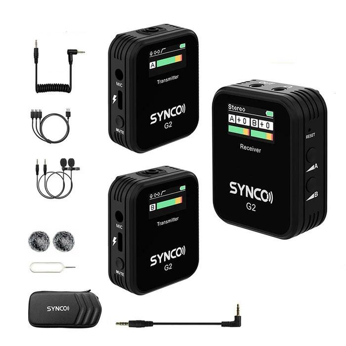 SYNCO G2 A2 2台送信機・1台受信機セット ワイヤレスマイクシステム 無線マイク スマートフォンとカメラに対応 ローカット機能 内蔵マイク/外部マイク付属 撮影/Vlog/自撮り/取材などに適応