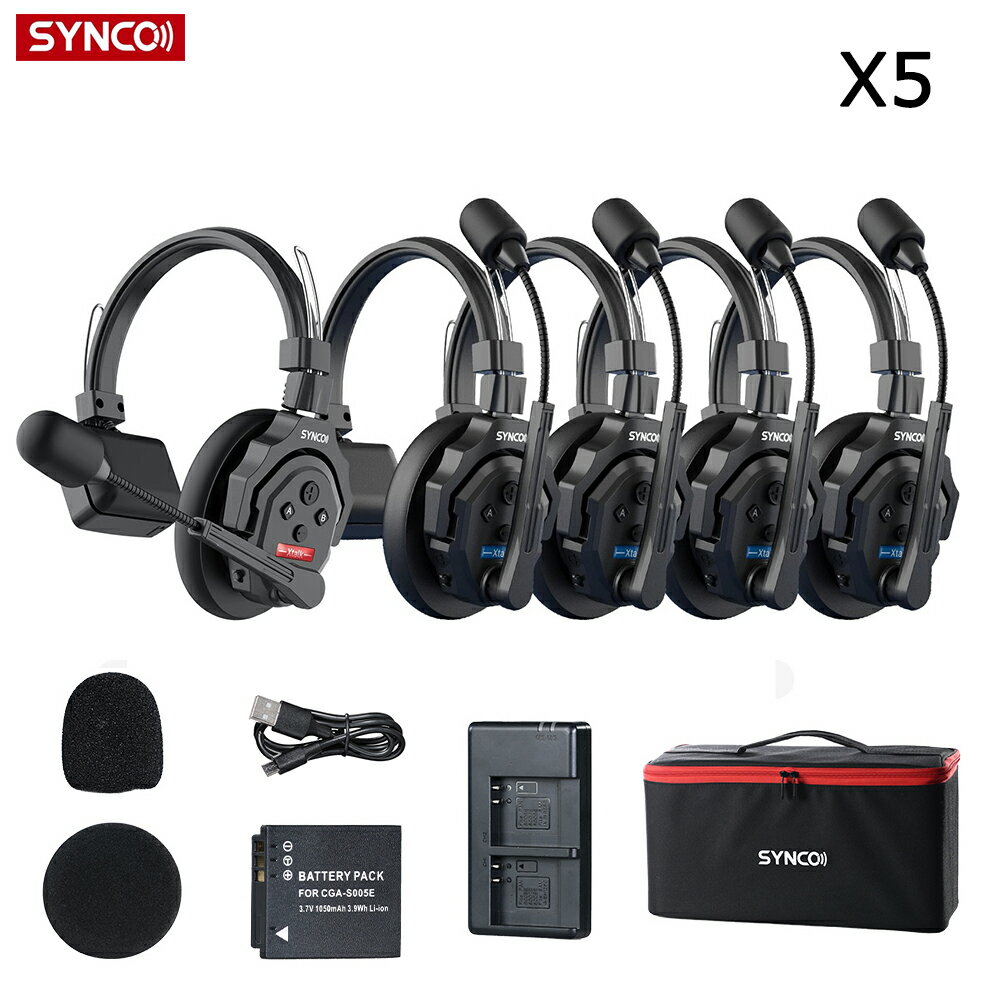 SYNCO Xtalk X5 ワイヤレスインカムヘッドセット 2.4G 通信システム 五つセット 全二重 親/子機切り替え可能 350m通信範囲 ノイズリダクション モニタリング可能 (X1/X2/X3/X5)