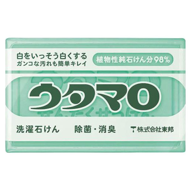 【生活の中の様々なガンコな汚れが簡単＆キレイに落ちる部分洗い用洗濯石けん】ウタマロ石けんの最大の特徴は、その汚れ落としの力。通常の洗濯では落ちにくい泥汚れ、エリ・ソデ汚れ、化粧品汚れ、食べこぼし汚れなどのガンコな汚れをしっかり落とします。水に溶けやすく塗りやすい石けんですので、汚れや生地になじみやすく、生地も傷めにくい石けんです。さらにウタマロ石けんは、通常の洗濯で失われて行く衣服の白さを取り戻すために蛍光増白剤を配合しています。もちろんこの蛍光増白剤はきちんと安全性が確認されている'素材（成分）：純石けん分（98％：脂肪酸ナトリウム）＋蛍光増白剤。ウタマロ石けんはリサイクル油を使用しております。製造時重量（1個）：約133g【カラー】ウタマロセッケンN