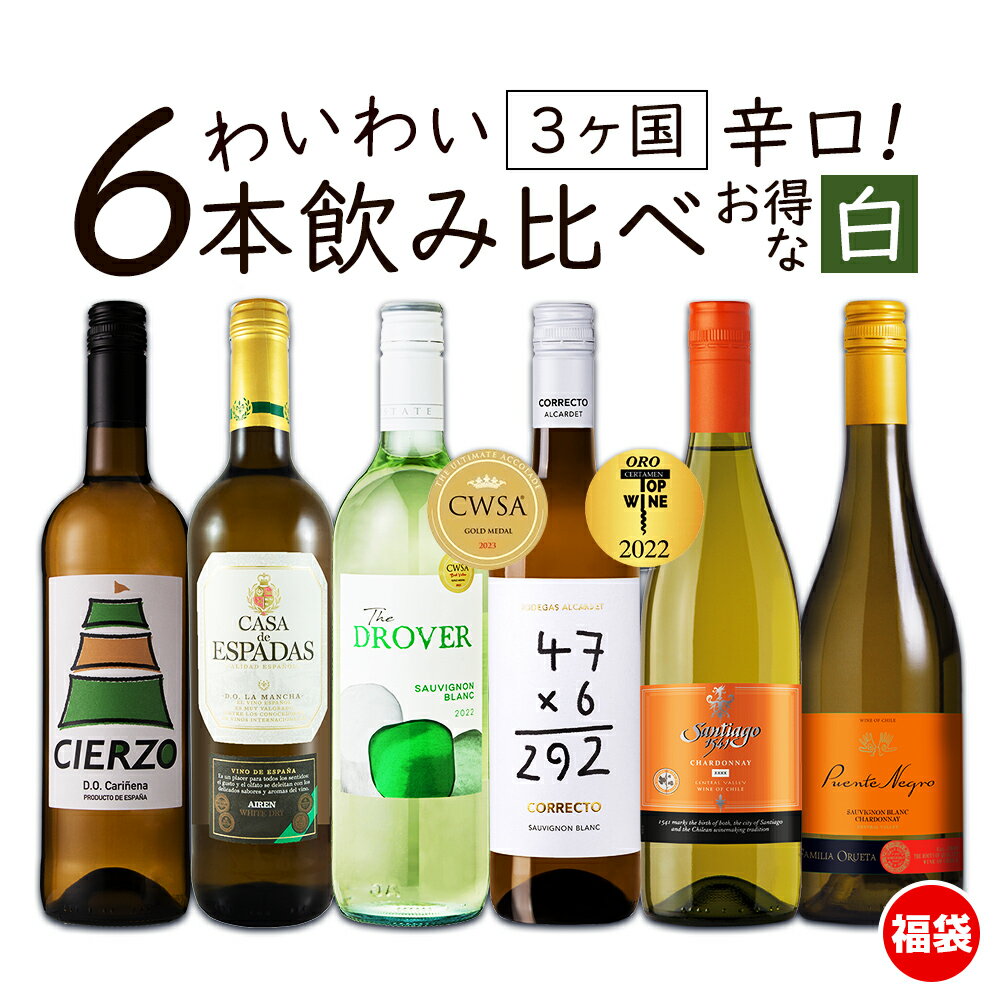 【限定5％CP 5/18】ワイン ワインセット お買い得 白ワイン わいわい楽しめる 送料無料 一部除外 辛口 6本 飲み比べ ワイン 白 チリワイン スペインワイン 金賞 福袋 【DN】