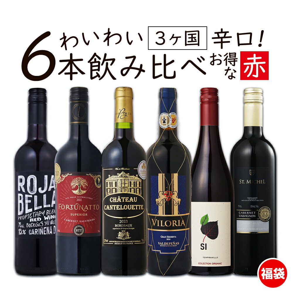 【エントリーでP16倍確定 11/27 01:59迄】ワイン ワインセット お買い得 赤ワイン わいわい楽しめる 送料無料 一部除外 辛口 6本 飲み比べ ワイ...