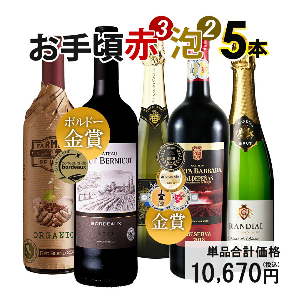 【限定5％CP 5/18】ワイン ワインセット 金賞入り お手頃「赤＆泡」 5本セット 送料無料 一部除外 赤ワイン スパークリング セット 辛口 スペインワイン フランスワイン イタリアワイン スペインワイン フルボディ 辛口 泡 【DN】