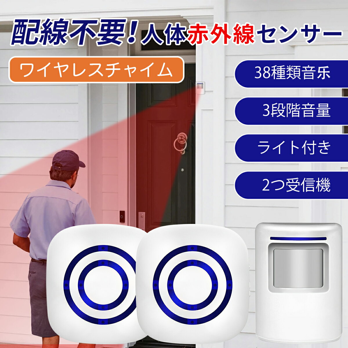 ＼30%OFFクーポン→4186円／ワイヤレスチャイム 人体赤外線センサー 玄関チャイム ベル ドアベル 受信機2台 送信機1台 38曲選択 3段階音量調節 配線不要 無線 店舗用 部屋 音 音量調整 無線 メロディ 長距離検知 ライト 音声有無 防犯警備 迎賓 ビジネス ホーム