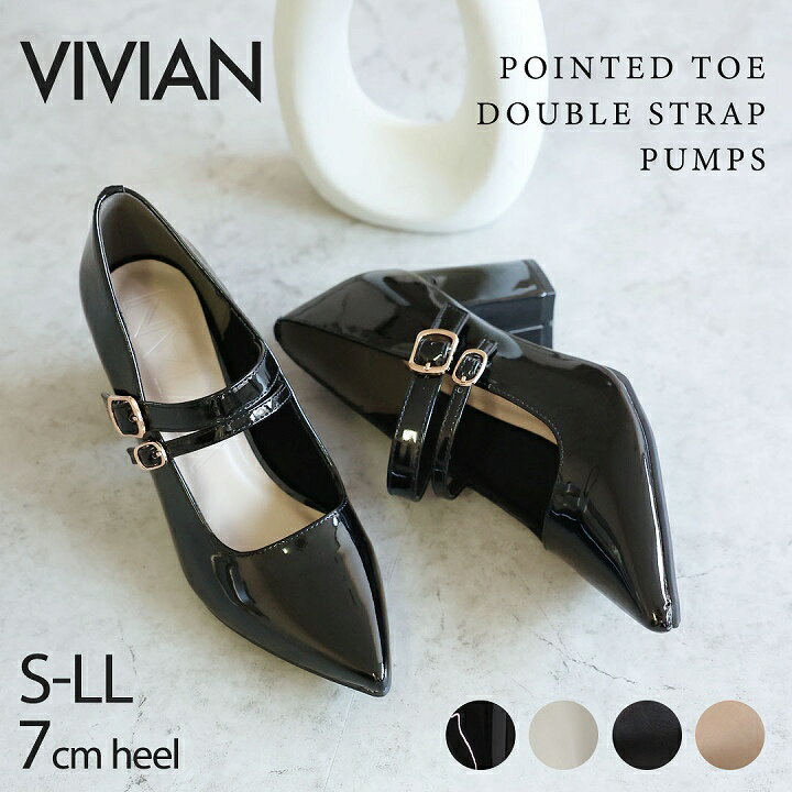 【21日9:59まで全品20％OFFクーポン】【インソールプレゼント】23年春再販 Vivian パンプス 痛くない チャンキーヒール ポインテッドトゥ ストラップ メリージェーン オフィス 通勤 キレイめ パーティ 結婚式 謝恩会 ブラック 黒 V4817ALのサムネイル