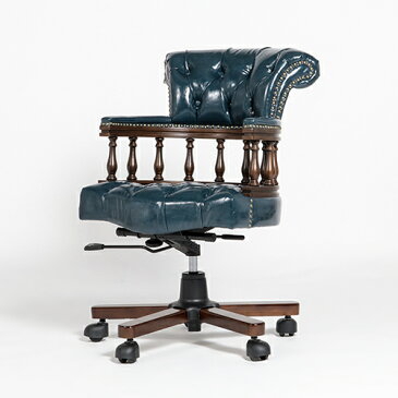 【オフィスチェア アンティーク】【アームチェア　チェア ウィンザーチェア　キャプテンチェア　椅子　いす　木製】 「ブラウンxブルー（合皮）」　チェスターフィールド　英国　イギリス　UK　重厚感　おしゃれ　9001-OF-5P58B