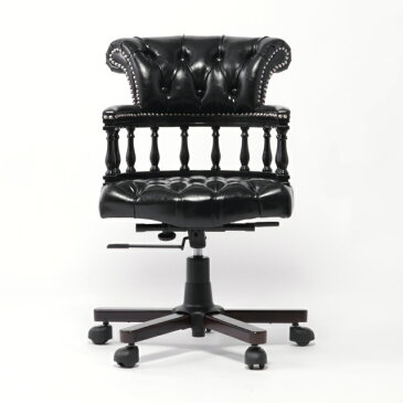 【オフィスチェア アンティーク】【アームチェア　チェア ウィンザーチェア　キャプテンチェア　椅子　いす　回転いす　木製】 「ブラックxシャインブラック（合皮）」　チェスターフィールド　英国　イギリス　UK　9001-OF-8P51B