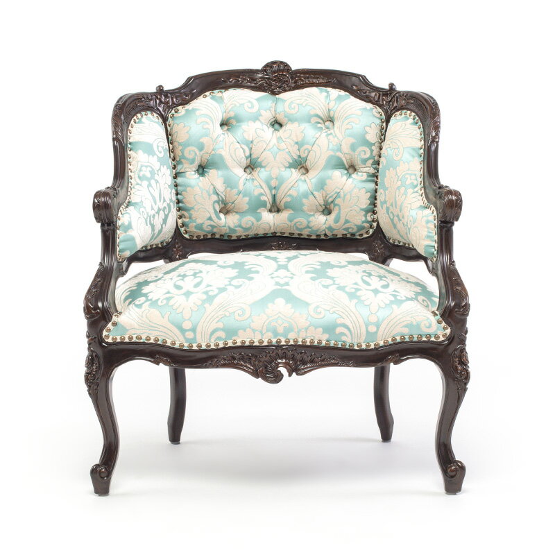 アンティーク ソファ ロココ調家具 ソファー 一人 1人掛けソファ ロココ調 ソファ 1人用 いす 椅子 イス ブラウンxブルーダマスク 布地 木製 イタリアンスタイル おしゃれ ロマンチック 高級 輸入家具 1002-1-5F66B [2]