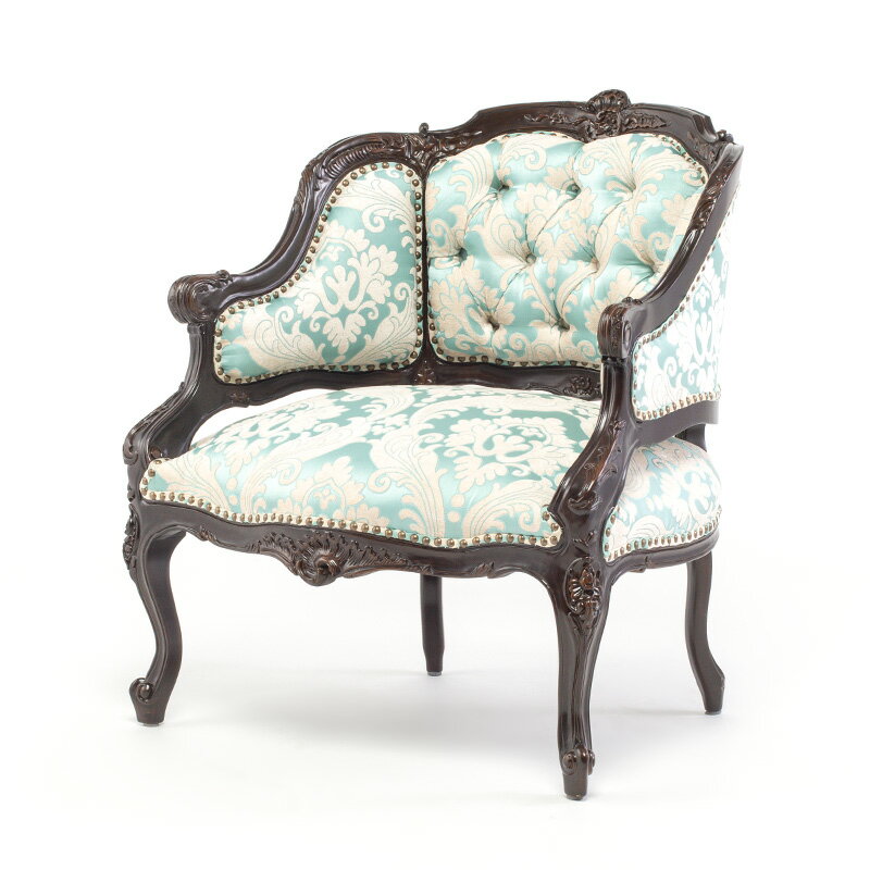 アンティーク ソファ ロココ調家具 ソファー 一人 1人掛けソファ ロココ調 ソファ 1人用 いす 椅子 イス ブラウンxブルーダマスク 布地 木製 イタリアンスタイル おしゃれ ロマンチック 高級 輸入家具 1002-1-5F66B [3]