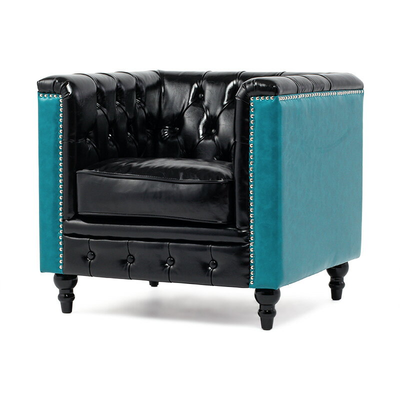 ヴィンセント ソファー 店舗用 アンティーク ソファ 合皮 一人用ソファ 1人掛け 1人掛けソファ 一人 1人用 シングルソファ チェスターフィールド シャインブラックxターコイズブルー 合成皮革 モダンスタイル 英国 アンティーク調家具 イギリス ミニマル VM1P51P49K [2]