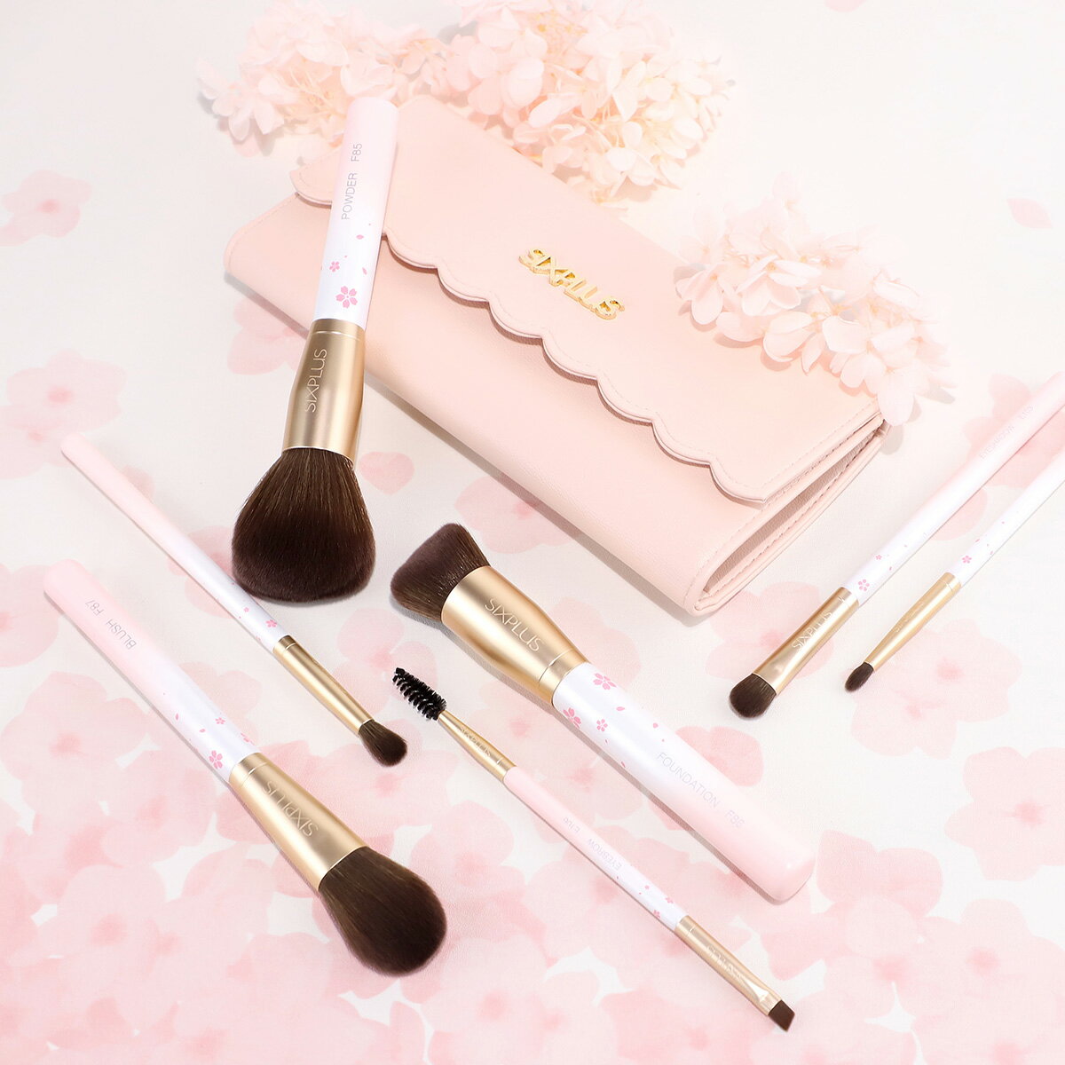 SIXPLUS桜色グラデーションメイクブラシ7本セット★送料無料・あす楽対応★化粧ブラシ化粧ポーチ付き(ピンク)パウダーブラシチークブラシアイシャドウブラシブラシセット肌に優しい持ち運び便利コスメ