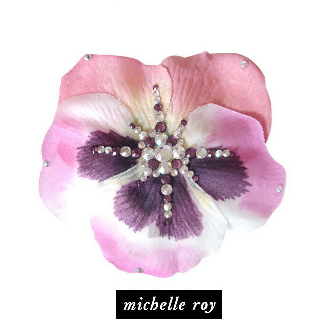 LAセレブ愛用ブランドMichelle roy ミッシェル・ロイパンジーラージクリップ インポート カリフォルニア kitson　キットソン pansy clip　シルクフラワークリップ　パープルピンク　スワロフスキーラインストーンでキラキラ♪　ヘアアクセサリー　ブローチ