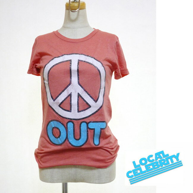 Local celebrity　ローカルセレブリティーPeace outラメTシャツ　kitson　キットソン　カリフォルニア　インポート　セレブ愛用ブランド　レッド　赤　ピースマーク　レディース　春　夏　秋　クルーネック　冬　半袖　おしゃれ　かわいい